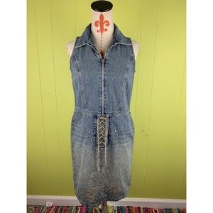 VTG Carolina Blues Blue Denim Dress Sz M Sleeveless 1/2 Front Zip Rivets Cristal